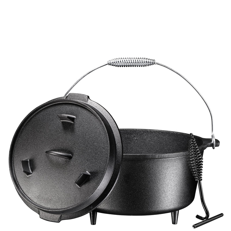 3 Legged Pre-Seasoned Cast Iron Camping Flange Lid Deep Dutch Oven, 8.5 Quart W/Metal