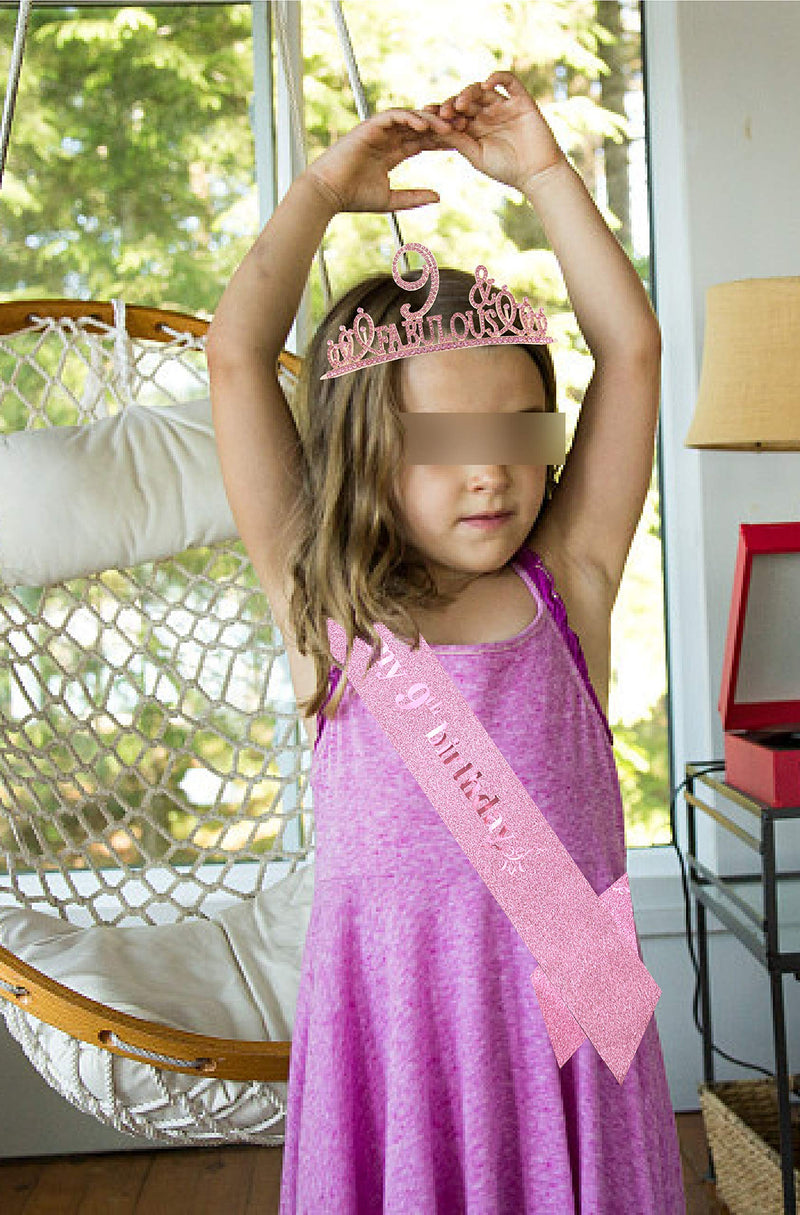 9th Birthday Gifts for Girl,9th Birthday Tiara and Sash Pink,9th Birthday Decorations