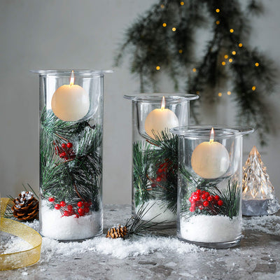 Glass Hurricane Candle Holders with Decorative Christmas Ornaments - Set of 3(Candles Not