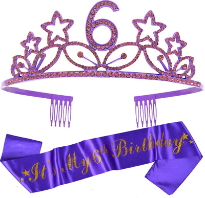 6th Birthday Gifts for Girl, 6th Birthday Tiara and Sash purple, HAPPY 6th Birthday Party