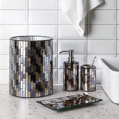 Bathroom Wastebasket - Glass Mosaic Decorative Trash Can Dia 7.5" H 10" (Shell