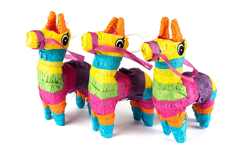 Set Of 3 Mini Donkey Pinatas 4"X7" Inches, Fiesta Decorations, Cinco De Mayo Pinata