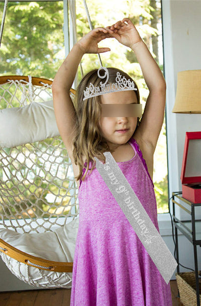 9th Birthday Gifts for girls,9th Birthday Tiara and Sash Silver,9th Birthday Decorations