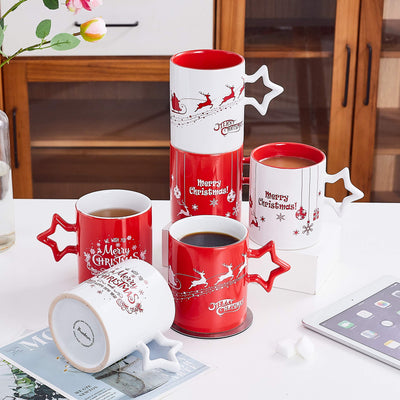 Coffee Mug Set Set of 6 Large-sized 14 Ounce Christmas Theme Ceramic Coffee Mugs