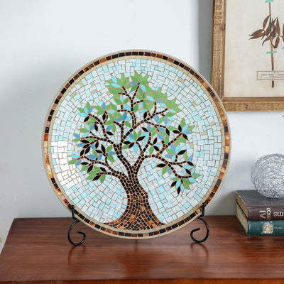 15" Round Mosaic Glass Decorative Charger Plate with Stand Tree