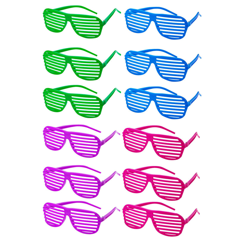 Kicko Neon Shutter Glasses - 12 Pack 80s Style Unisex No Lens Aviators in Assorted