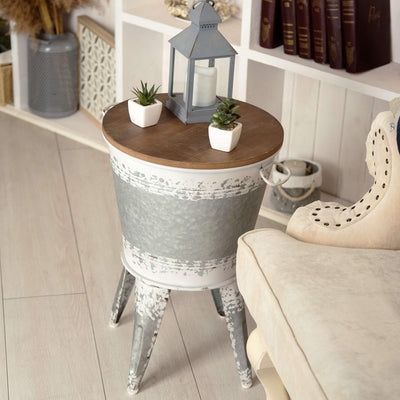 Farmhouse Accent Side Table - Galvanized Rustic End Table. Metal Storage Bin Wood Cover