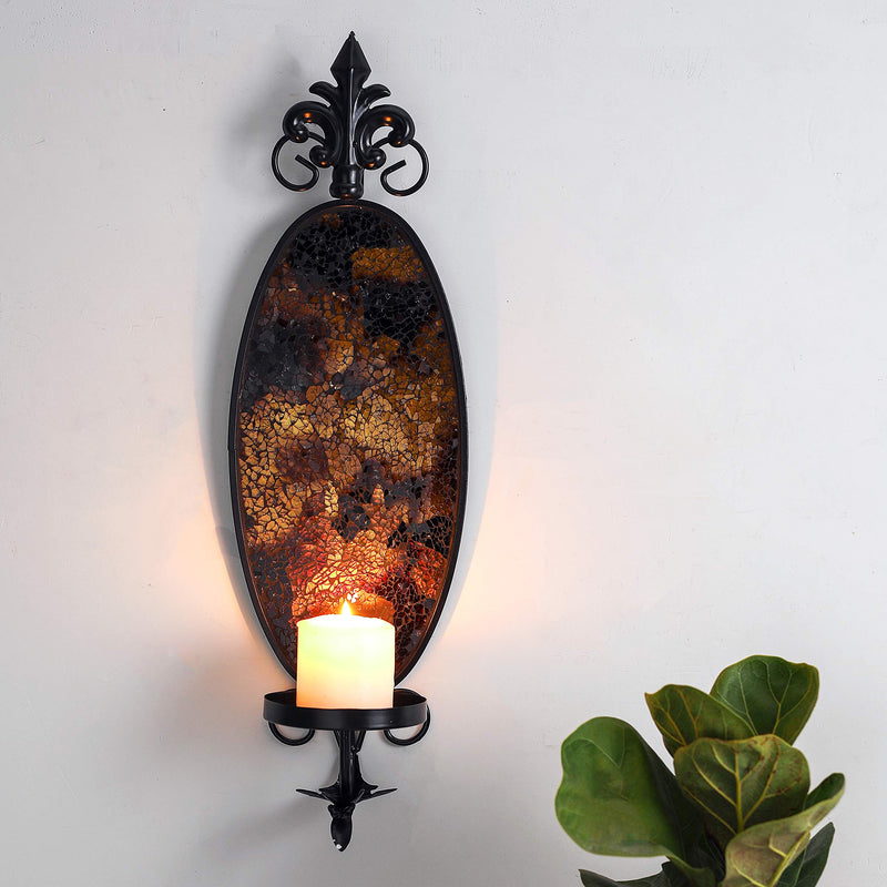 6 x 19 Inches Decorative Metal Wall Candle Sconce - Mosaic Glass Set of 2 (Silver Mirror