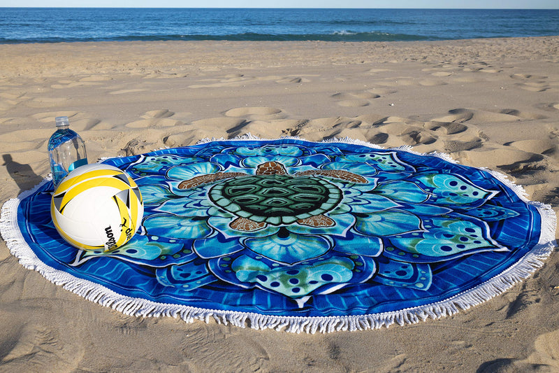 Microfiber Round Large Plush Beach Towel Blanket, 60" D with Fringe (Mandala Turtle