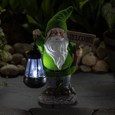 VP Home Welcome Flocked Gnome with Lantern Solar Powered LED Outdoor Decor Garden