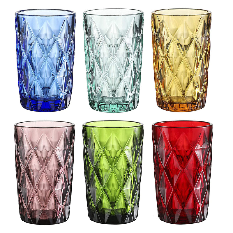 Colored Glass Drinkware | 9.5 Ounce Water Glasses | Set Of 6 | Cobalt Blue Diamond Patte