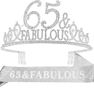 65th Birthday Gifts for Women,65th Birthday Tiara and Sash Silver,65th Birthday