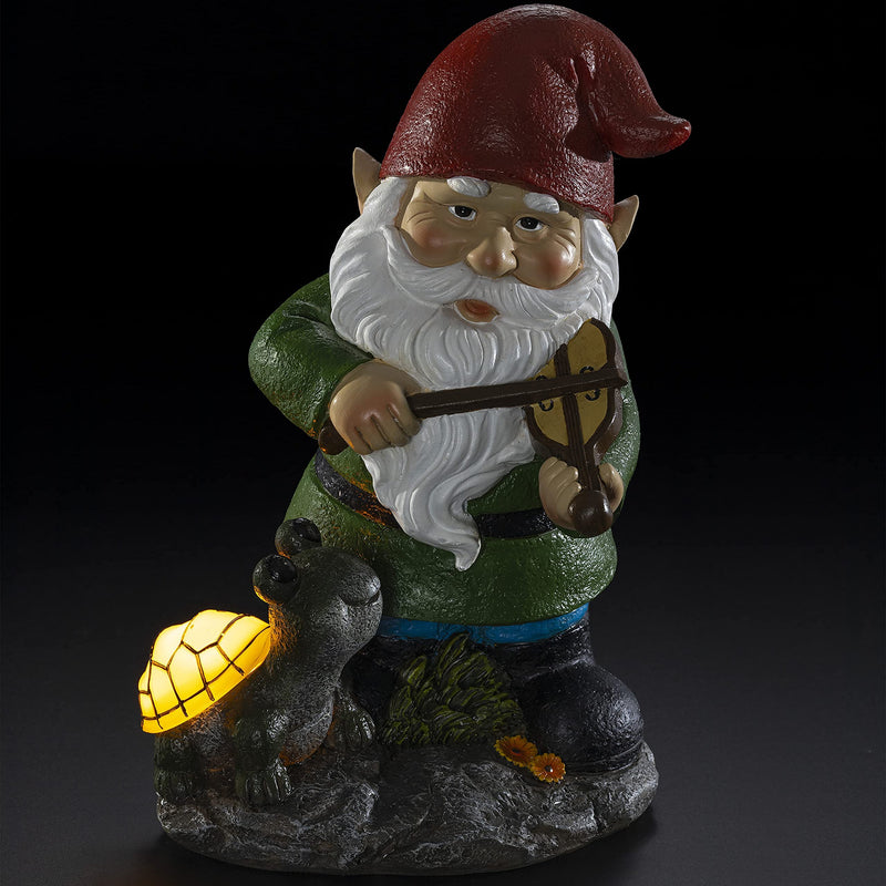 VP Home Fiddler Gnome with Glowing Turtle Solar Powered LED Outdoor Decor Garden