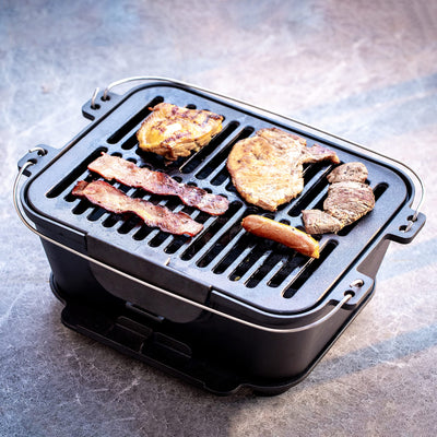 Heavy Duty Pre-Seasoned Cast Iron Portable Grill, 14"X12" Grilling Surface, Outdoor