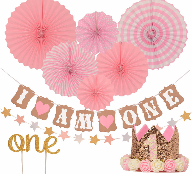 FIRST BIRTHDAY DECORATION SET FOR GIRL- 1st Baby GIRL Birthday Party, Stars Paper Garland