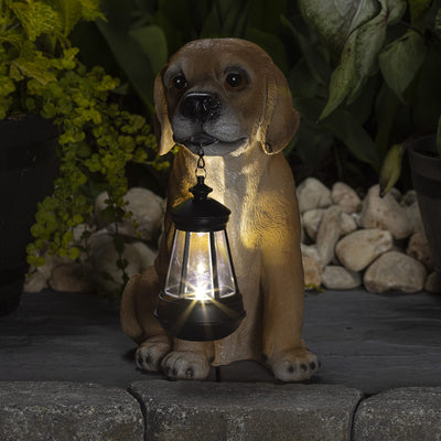 VP Home Golden Puppy with Lantern Solar Powered LED Outdoor Decor Garden