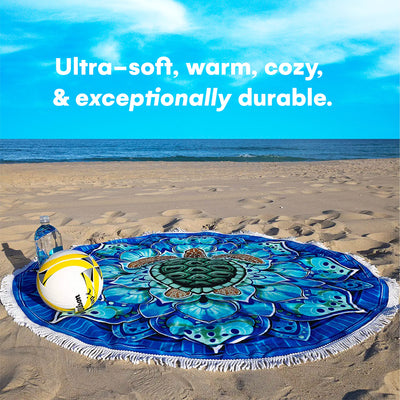 Microfiber Round Large Plush Beach Towel Blanket, 60" D with Fringe (Mandala Turtle