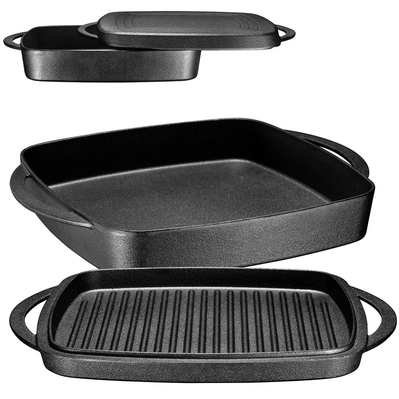 Enameled Square Cast Iron Large Baking Pan. Cookware Baking Dish With Griddle Lid 2In1