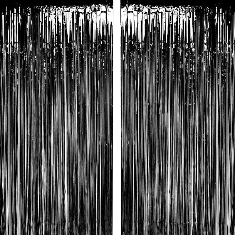 Kicko Black Foil Fringe Curtain - 2 Pack - 3 x 8 Feet - 36 x 96 Inches Metallic Panels