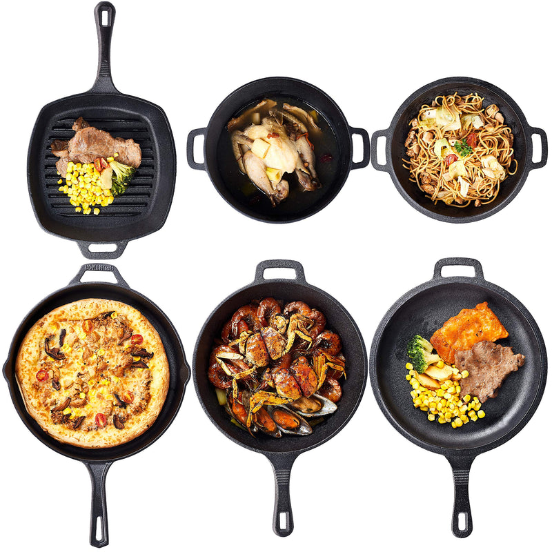 Pre Seasoned Cast Iron 7 Piece Bundle Gift Set, Multi Cooker, Rectangular grill Pan, Wok